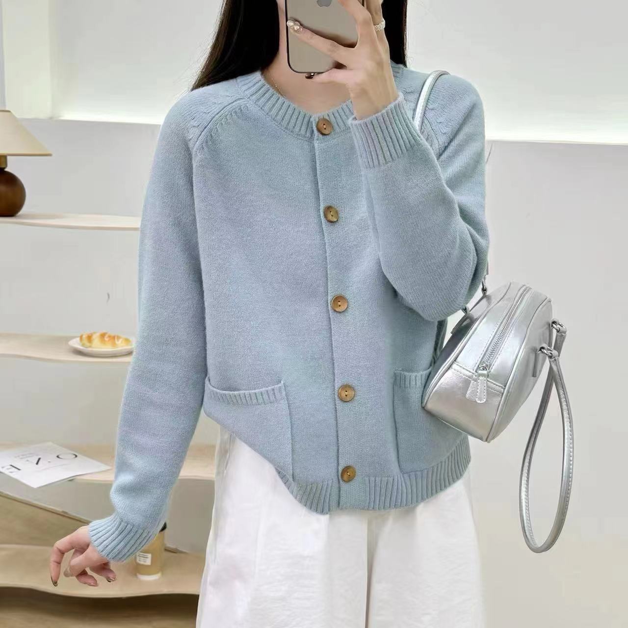 针织衫女开衫秋装新款时尚洋气宽松毛衣口袋外套休闲百搭上衣长袖