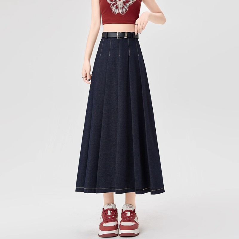 牛仔半身裙女秋冬新款宽松时尚休闲百搭高腰百褶长裙子QC-33159