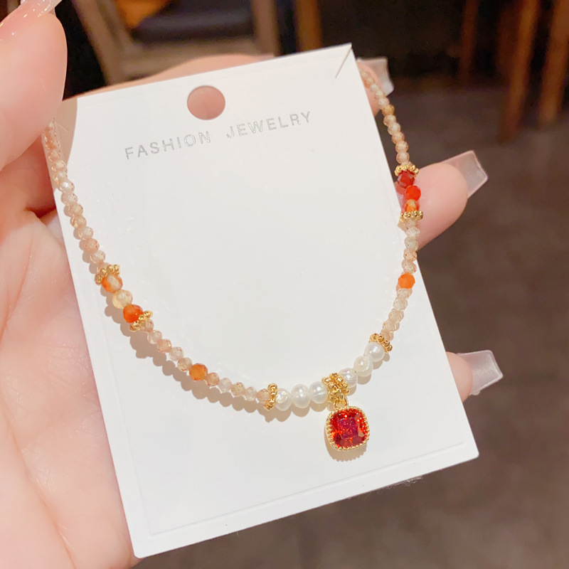 铜锆石项链 国风小众轻奢锁骨链吊坠项链手工串珠少女甜美时尚