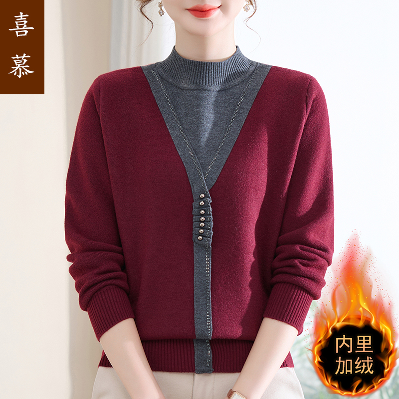 妈妈装2025冬季新款假两件一体绒毛衣中年妇女加绒加厚内搭打底衫