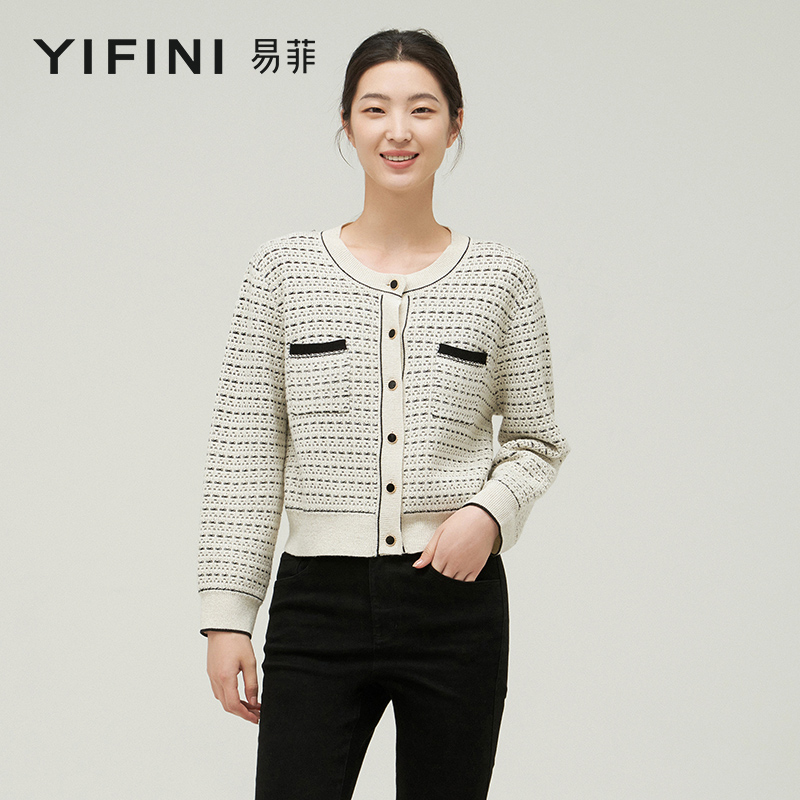 【Yifini】专柜同款气质小香风开襟设计宽松短款毛织外套B09T1402