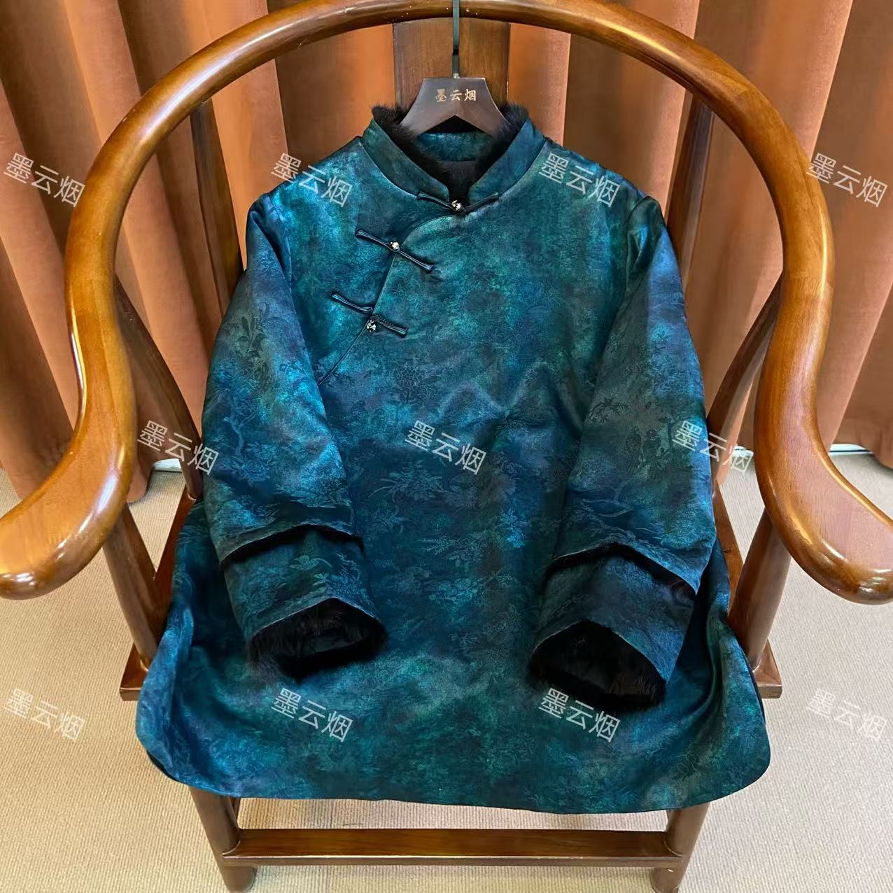 【蓝莲】新中式印染加棉加厚时尚女高级国风圆领女士复古保暖8183