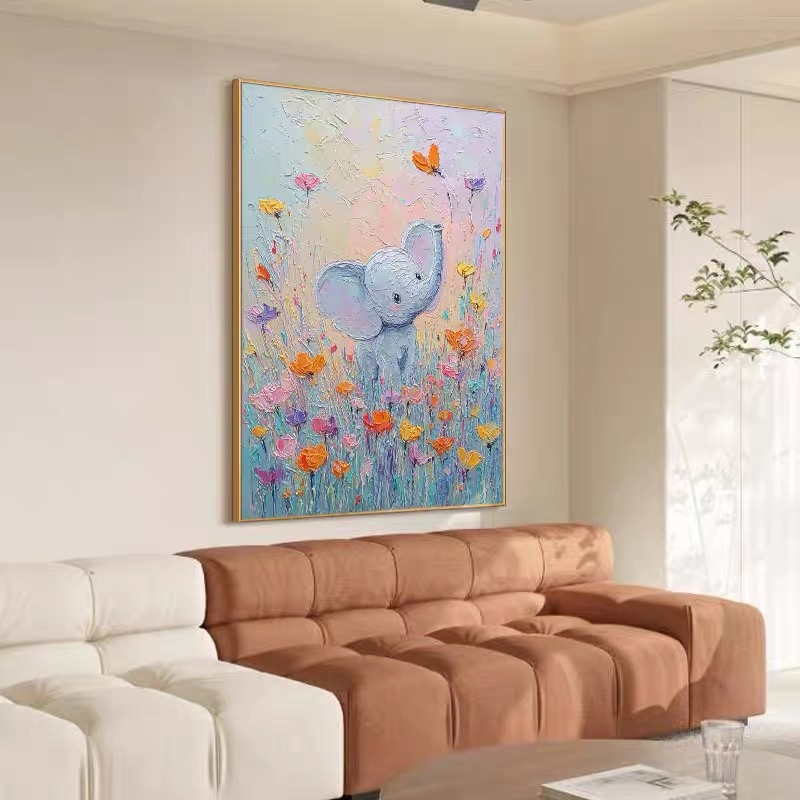 手绘油画奶油风客厅装饰画小众艺术感走廊过道挂画儿童房小象壁画