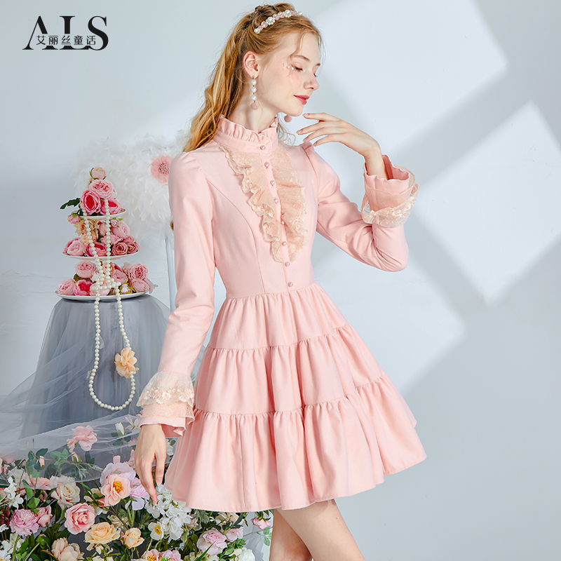 冬季新款甜美半高领刺绣蕾丝蛋糕裙荷叶边短款连衣裙女HL597QG