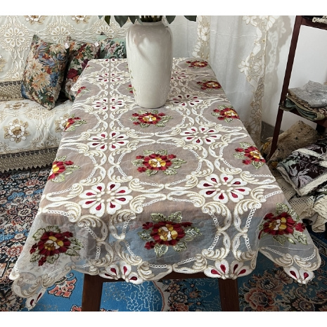 ZN007-139玻璃纱【145*145】 红牡丹毛巾绣桌布茶几布多功能盖巾