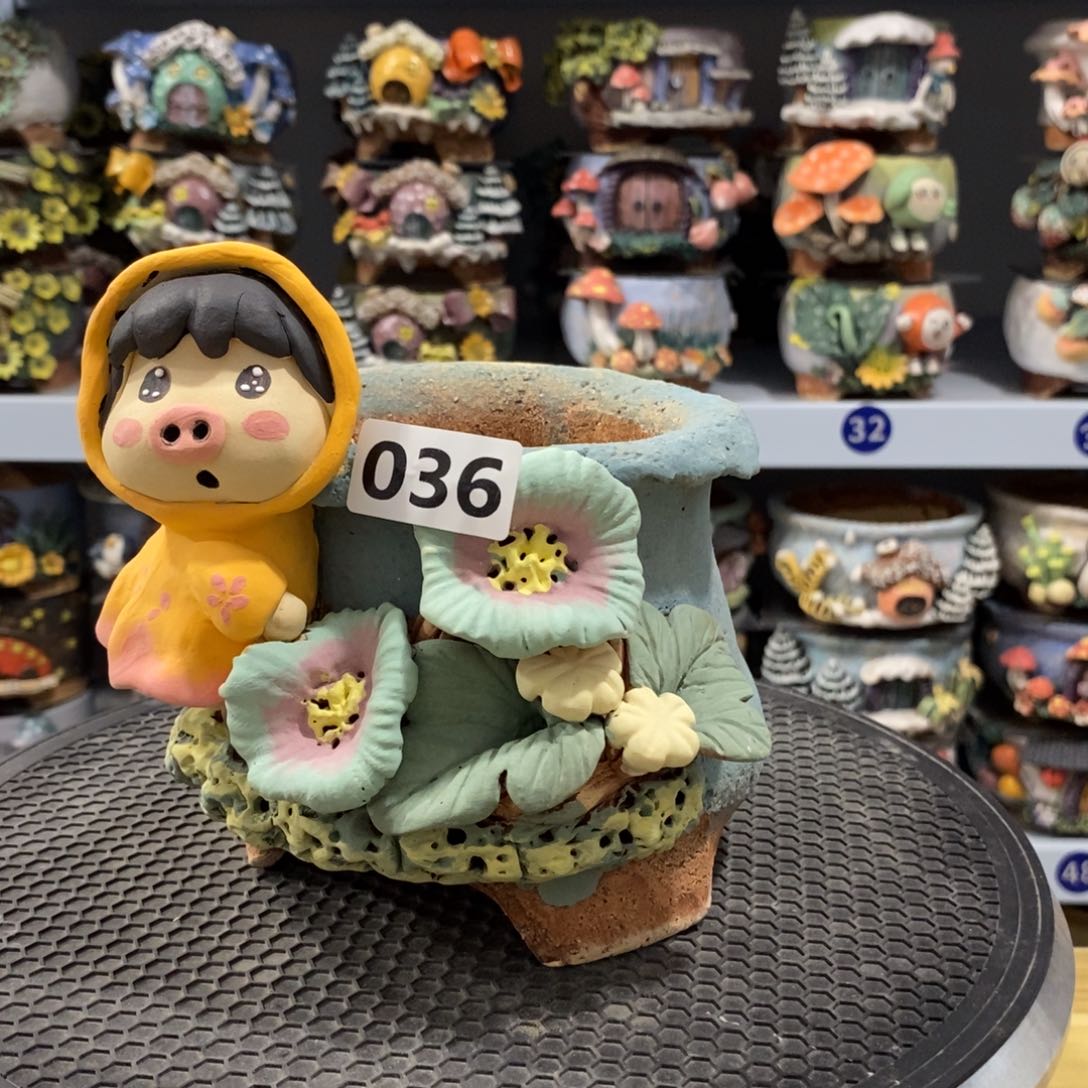 红陶天***肉白狐粗陶手捏花盆