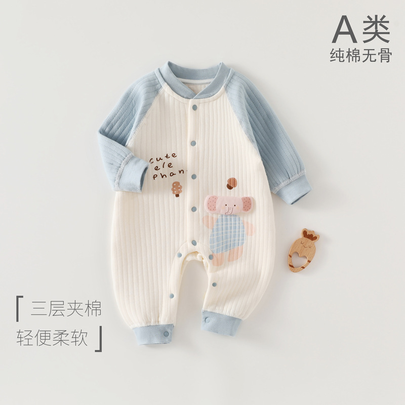 婴儿保暖连体衣秋冬季纯棉空气棉加棉哈衣加厚小宝宝三层夹棉内衣