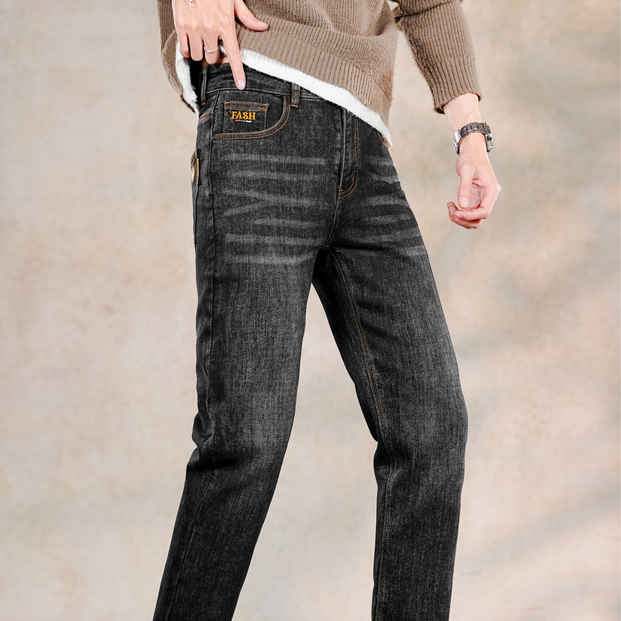 冬季保暖黑色加厚抓毛时尚男士修身韩版弹力休闲百搭秋季潮流