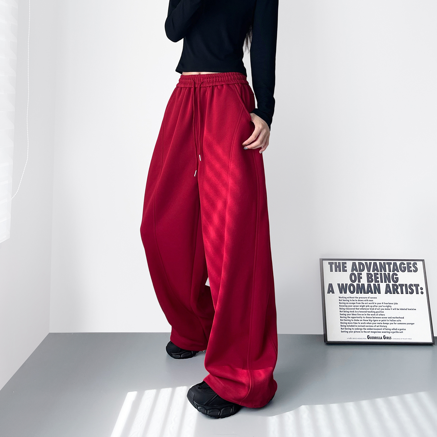 红色高腰垂感慵懒风运动卫裤子女秋季新款大码胖mm显瘦宽松阔腿裤