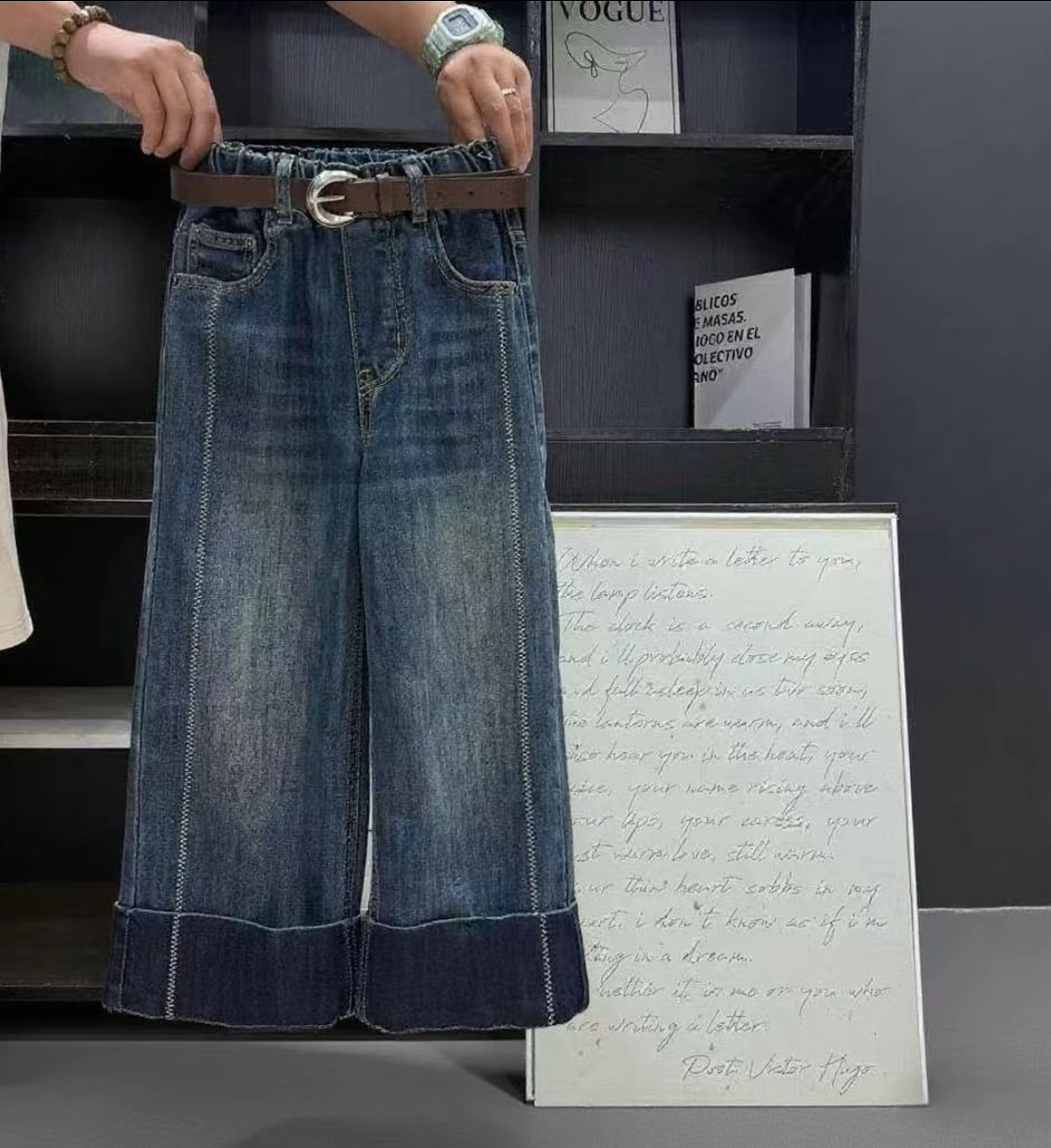 新款女童秋季个性洋气长裤时尚百搭休闲口袋花边阔腿牛仔裤