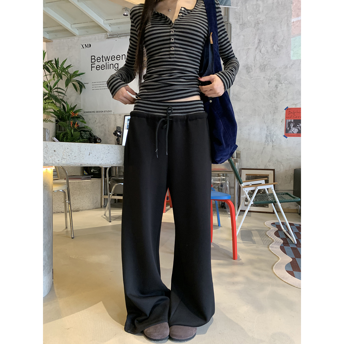 【HRG】黑色阔腿裤女2025新款高腰直筒宽松慵懒风休闲裤253F3853