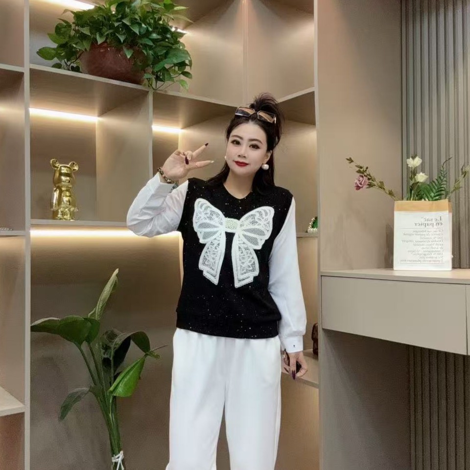 春季衬衫-丫 5523时尚亮闪蝴蝶结假两件显瘦胖MM大码女装新款