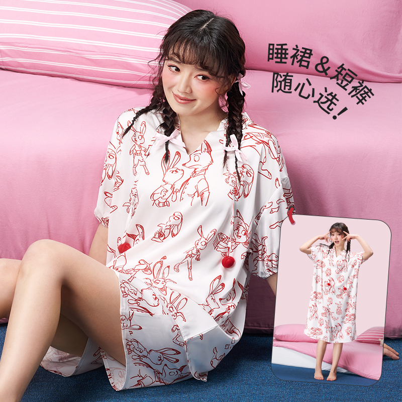 Disney/迪士尼夏季短袖女套装大码薄款睡衣性感睡裙家居服套装