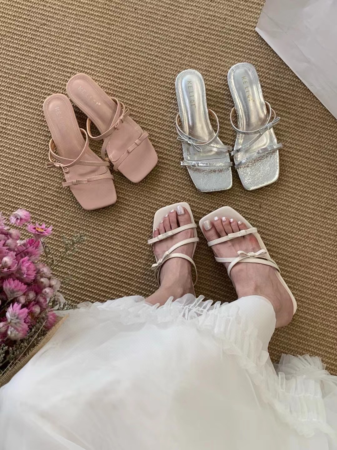 韩系仙女风蝴蝶结显瘦方头一字拖2025夏季新款外穿百搭时尚半拖鞋