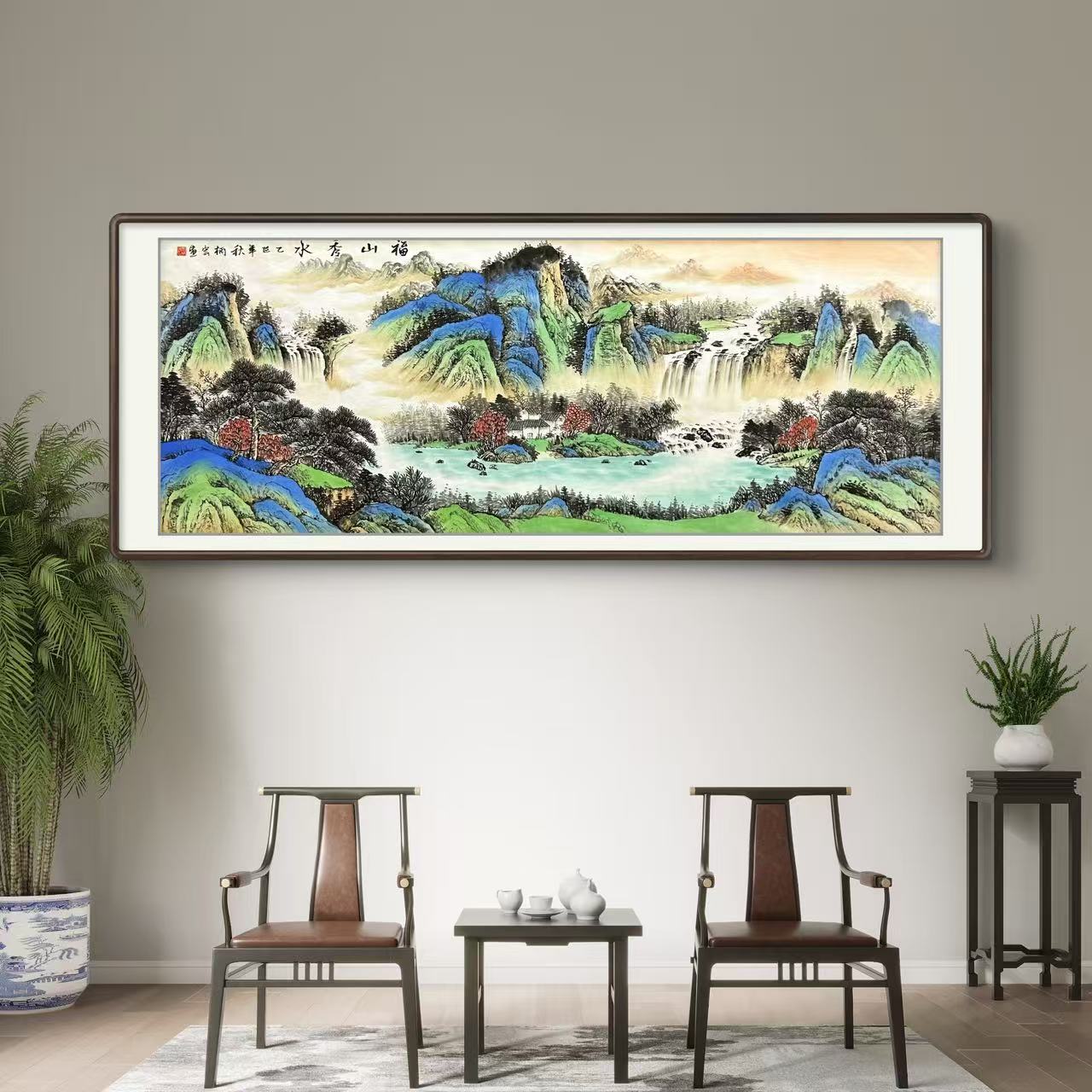 手绘六尺国画《福山秀水》横幅客厅餐厅办公室书房茶室挂画书画作品
