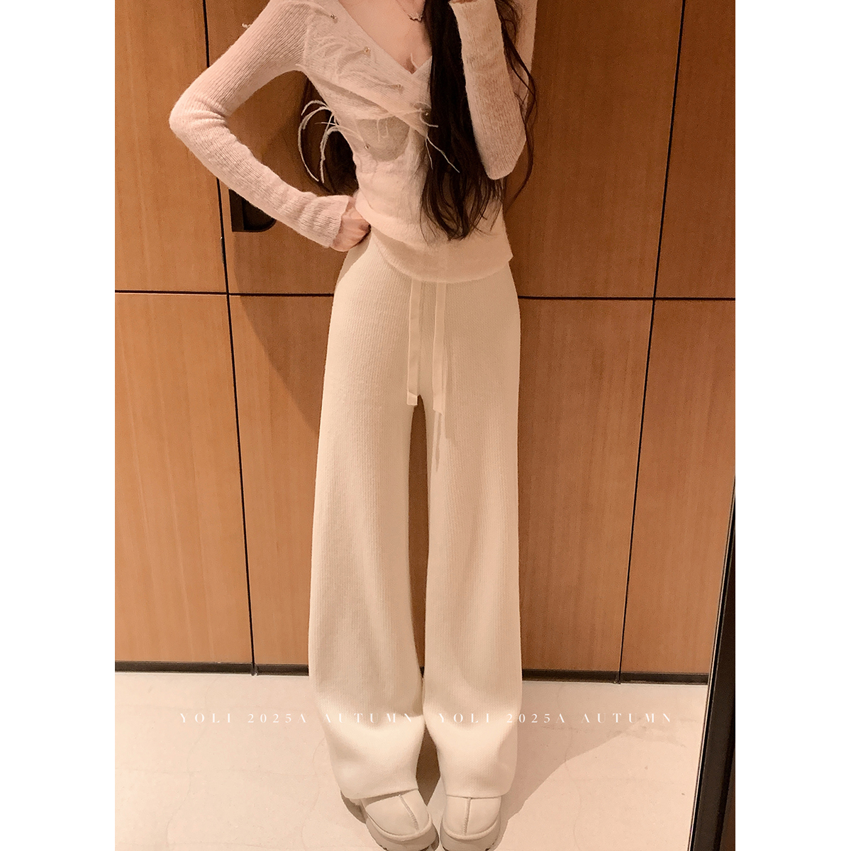 YOLI张宥利"慵懒午后"杏色休闲阔腿裤女冬季宽松显瘦百搭拖地长裤