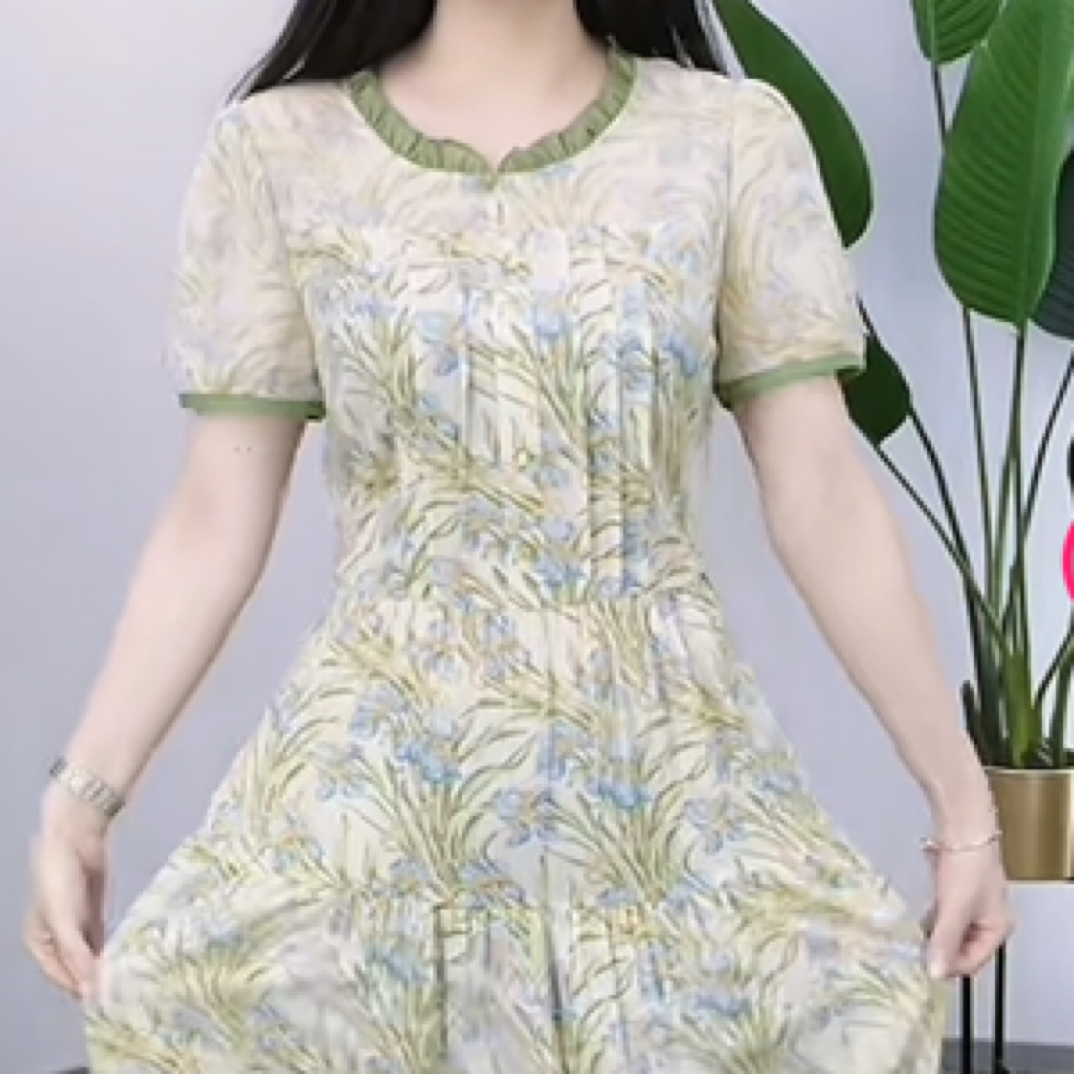 A0490夏季修身显瘦减龄遮肚法式精致名媛印花中长款连衣裙