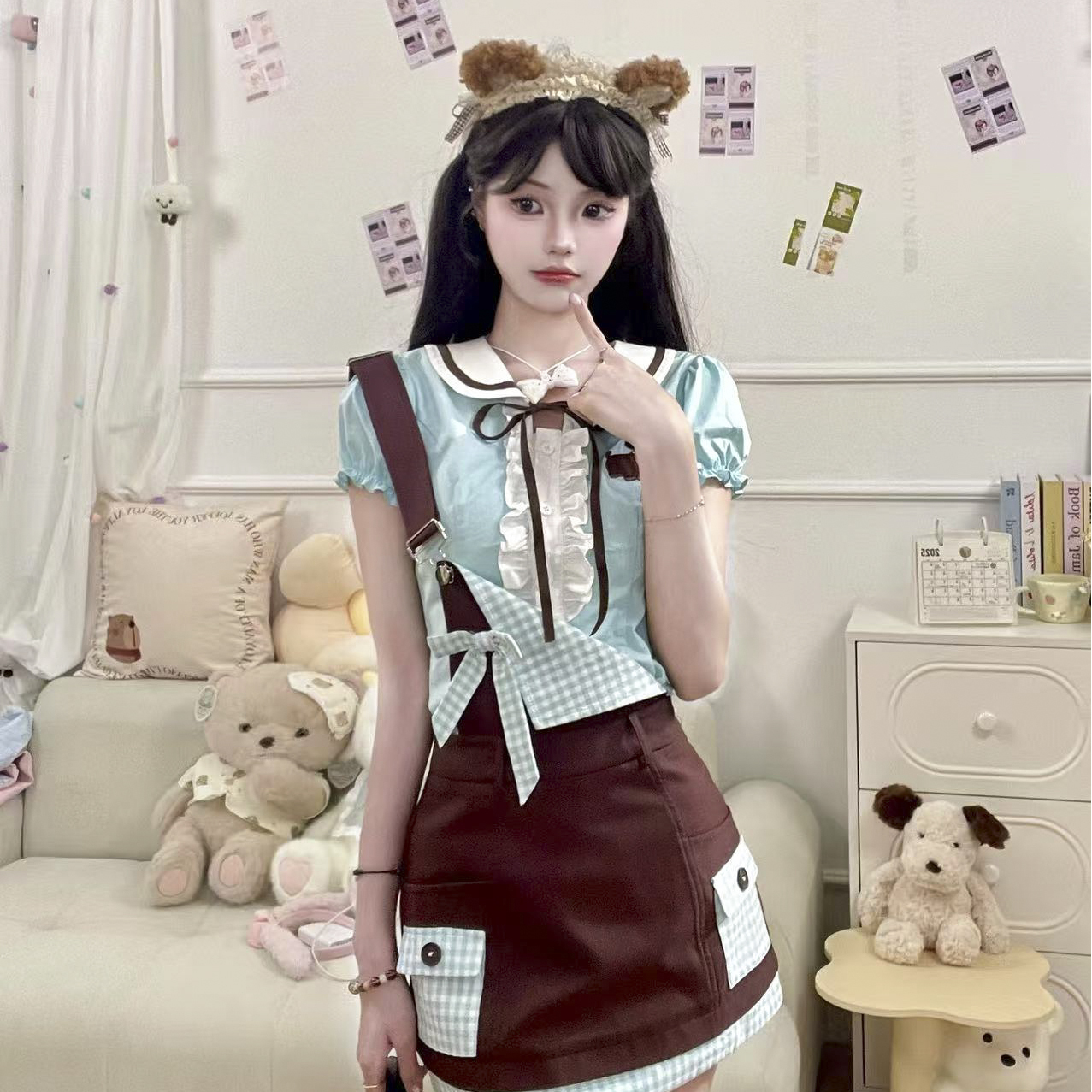 桔梗house薄荷生巧【现货】夏日多巴胺甜酷风不规则设计衬衣背带裙