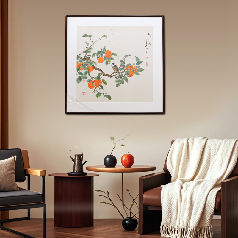 事事如意新中式餐厅手绘画玄关走廊过道壁画实木画框