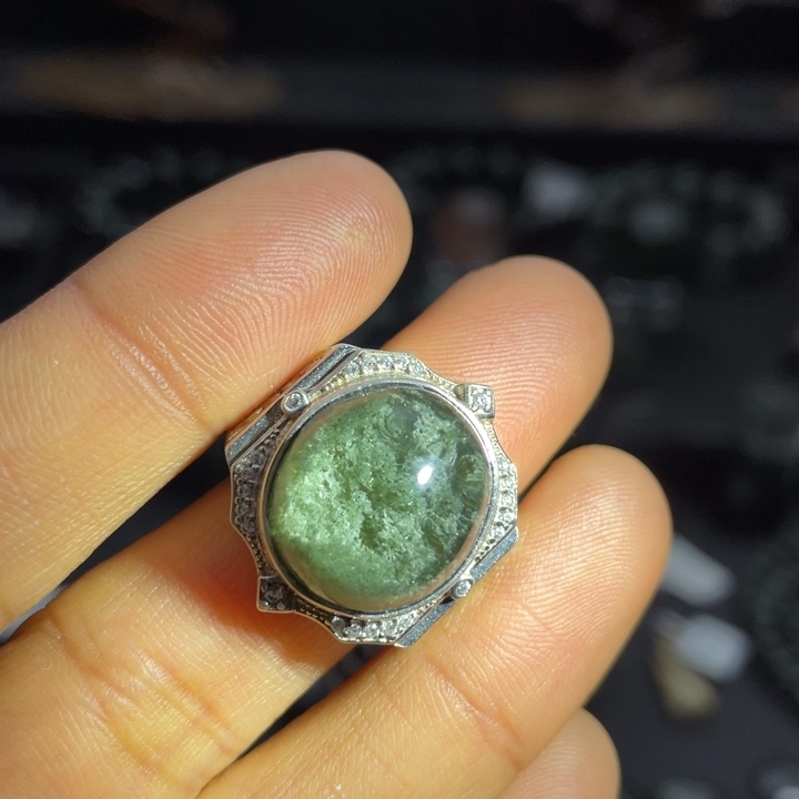 银S925镶嵌水晶戒指绿幽灵戒指