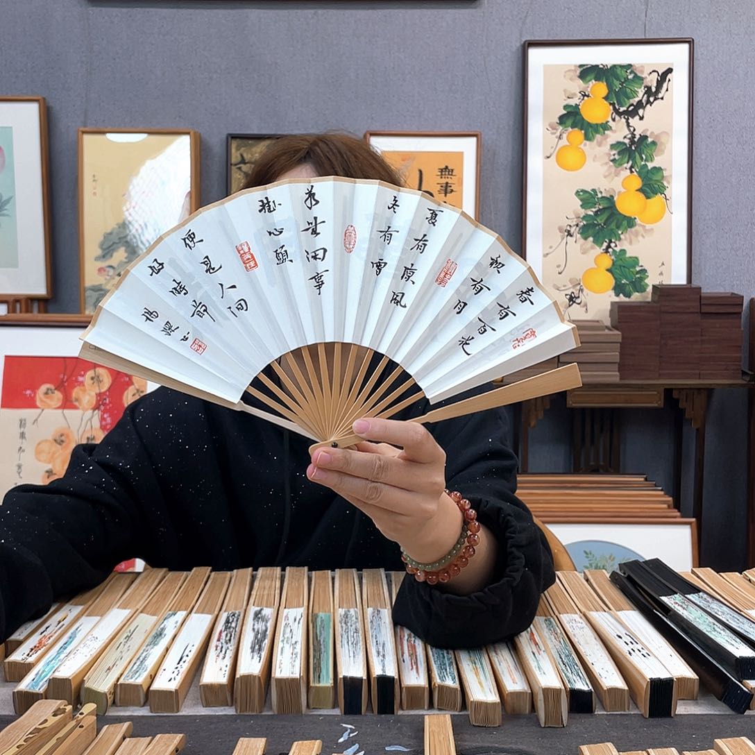 国画6寸玉竹-纯手绘-文玩扇骨（默认粘好）春有百花