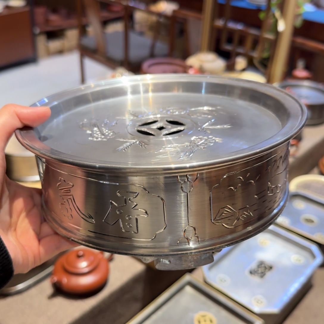 我***说潮州银头锡8寸20cm雕刻茶船（不包邮