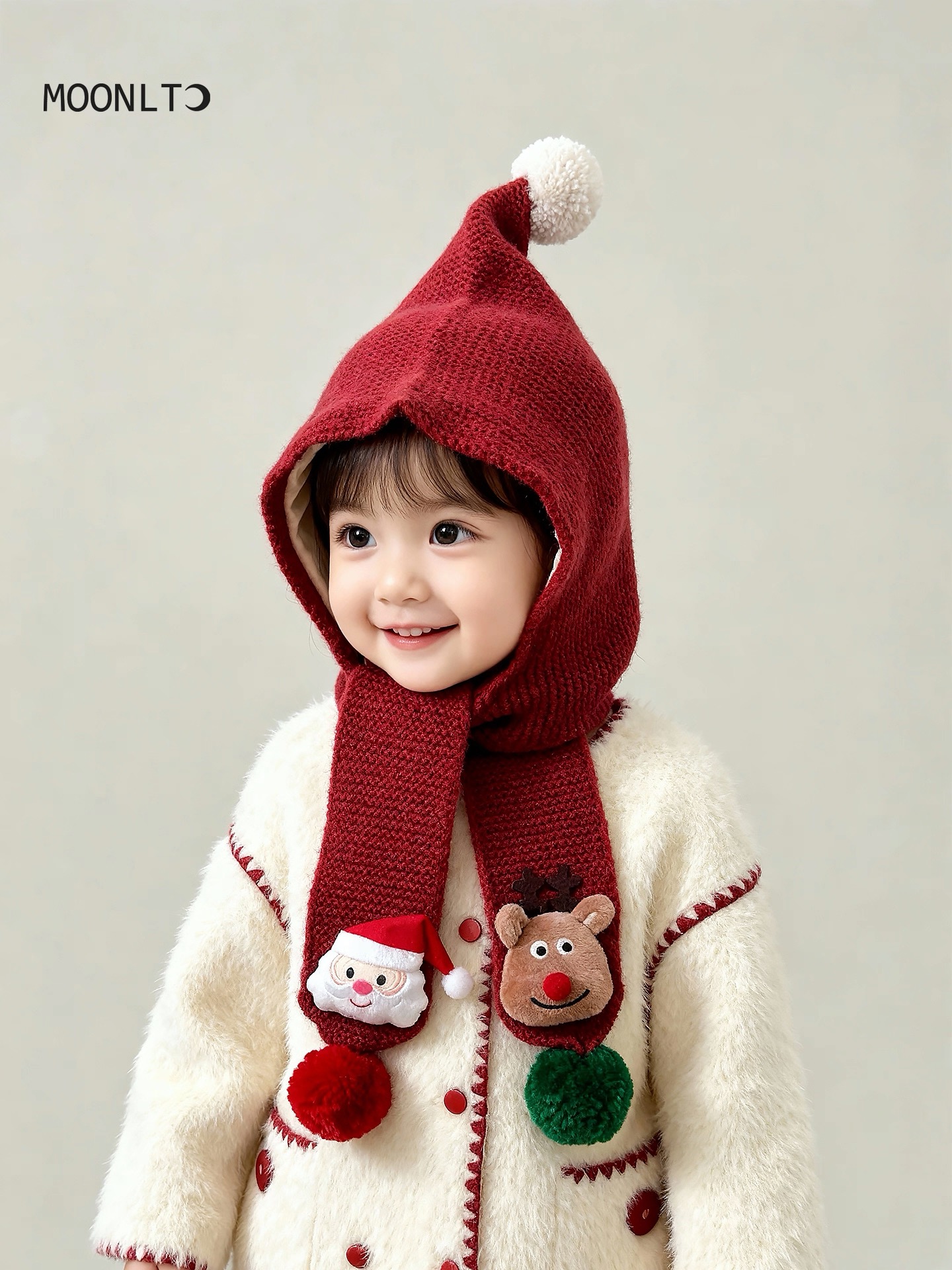 儿童圣诞帽子围巾一体帽冬季宝宝保暖套头帽男女婴幼儿防风护耳帽