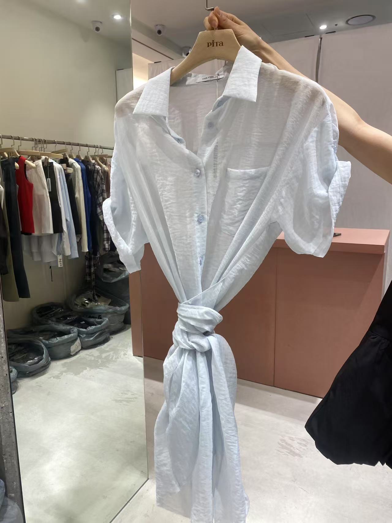 韩国东大门正品女装时尚纯色打结衬衫062416（NO退NO换）