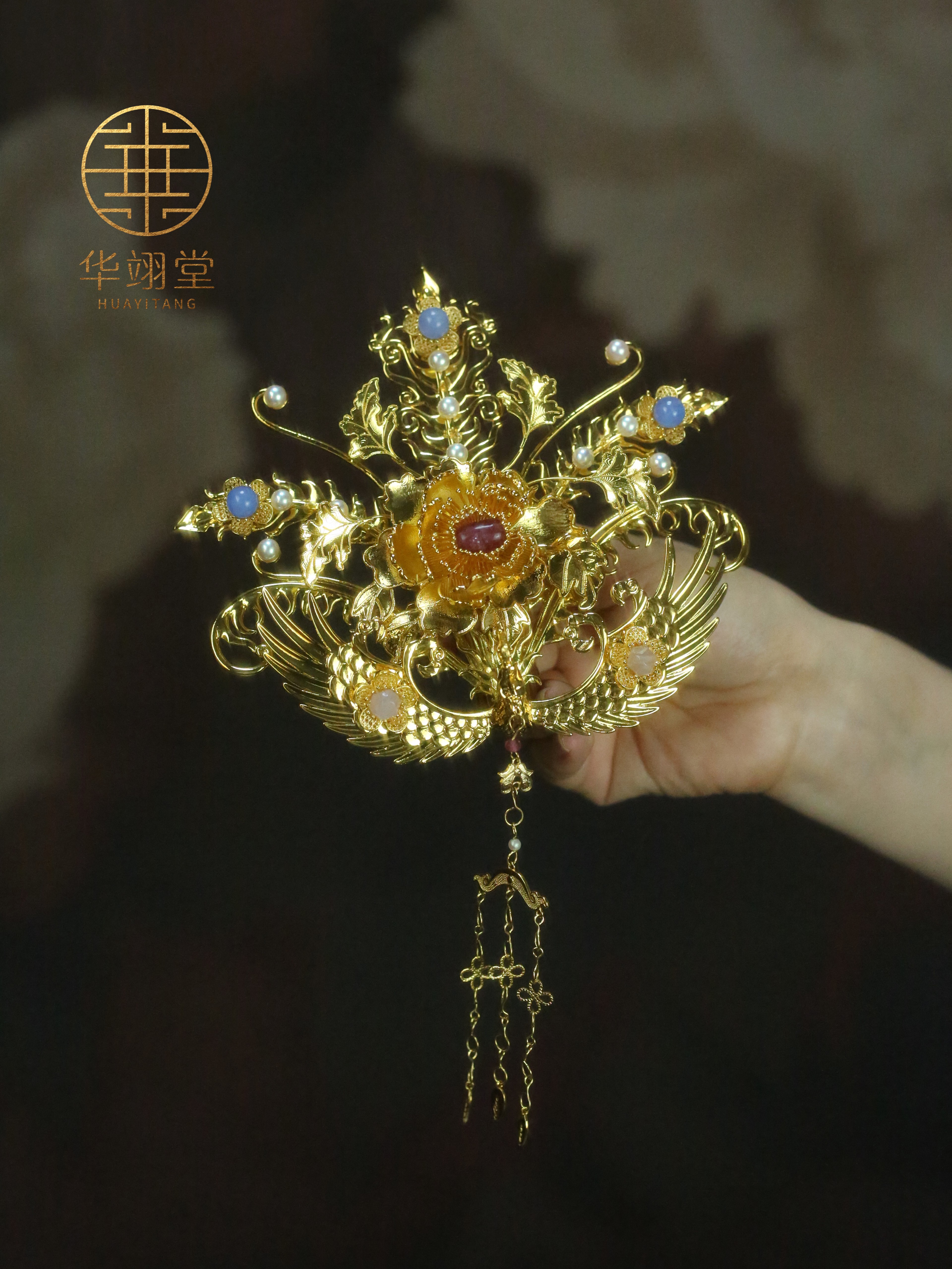 铜合金婚庆饰品 华翊堂原创设计铜镀金立体錾刻凤凰于飞冠手工