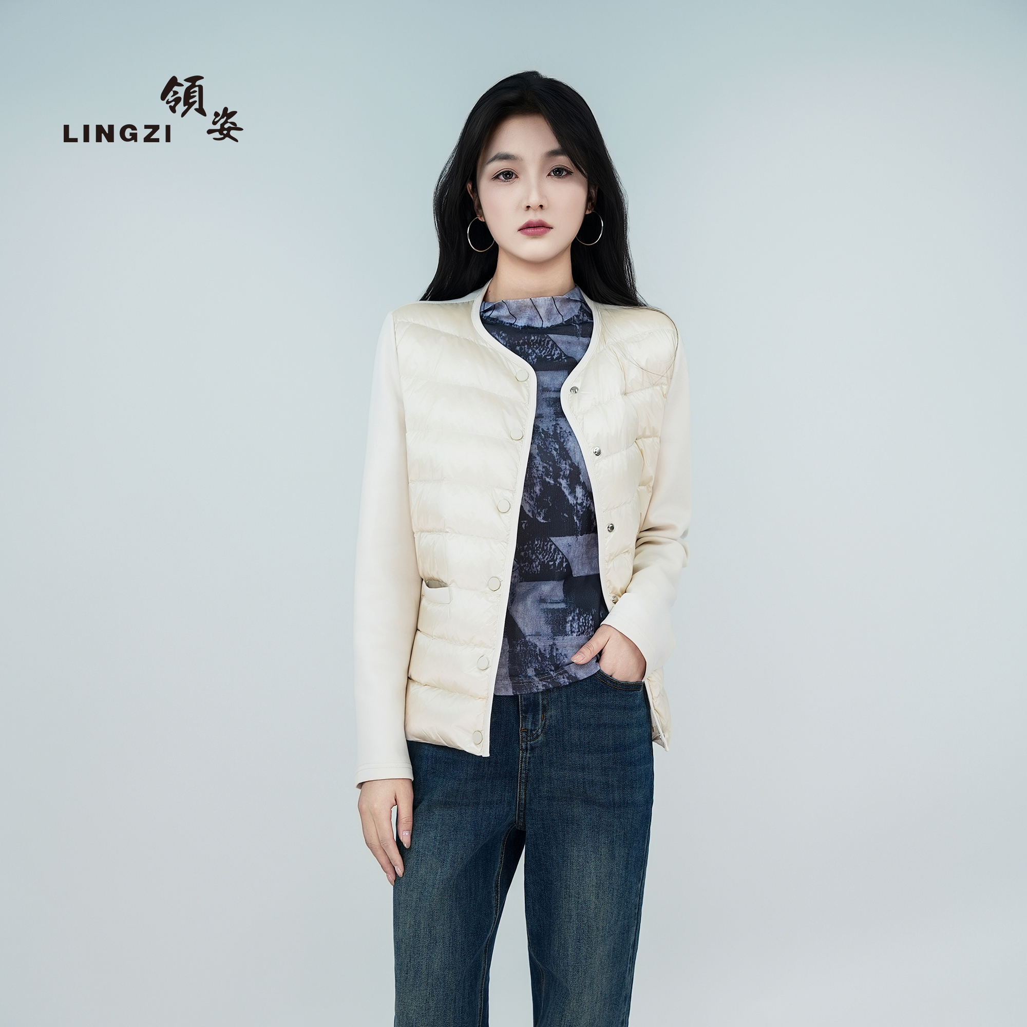 LINGZI/女短款保暖正肩袖女士显白时尚白色百搭圆领薄羽绒