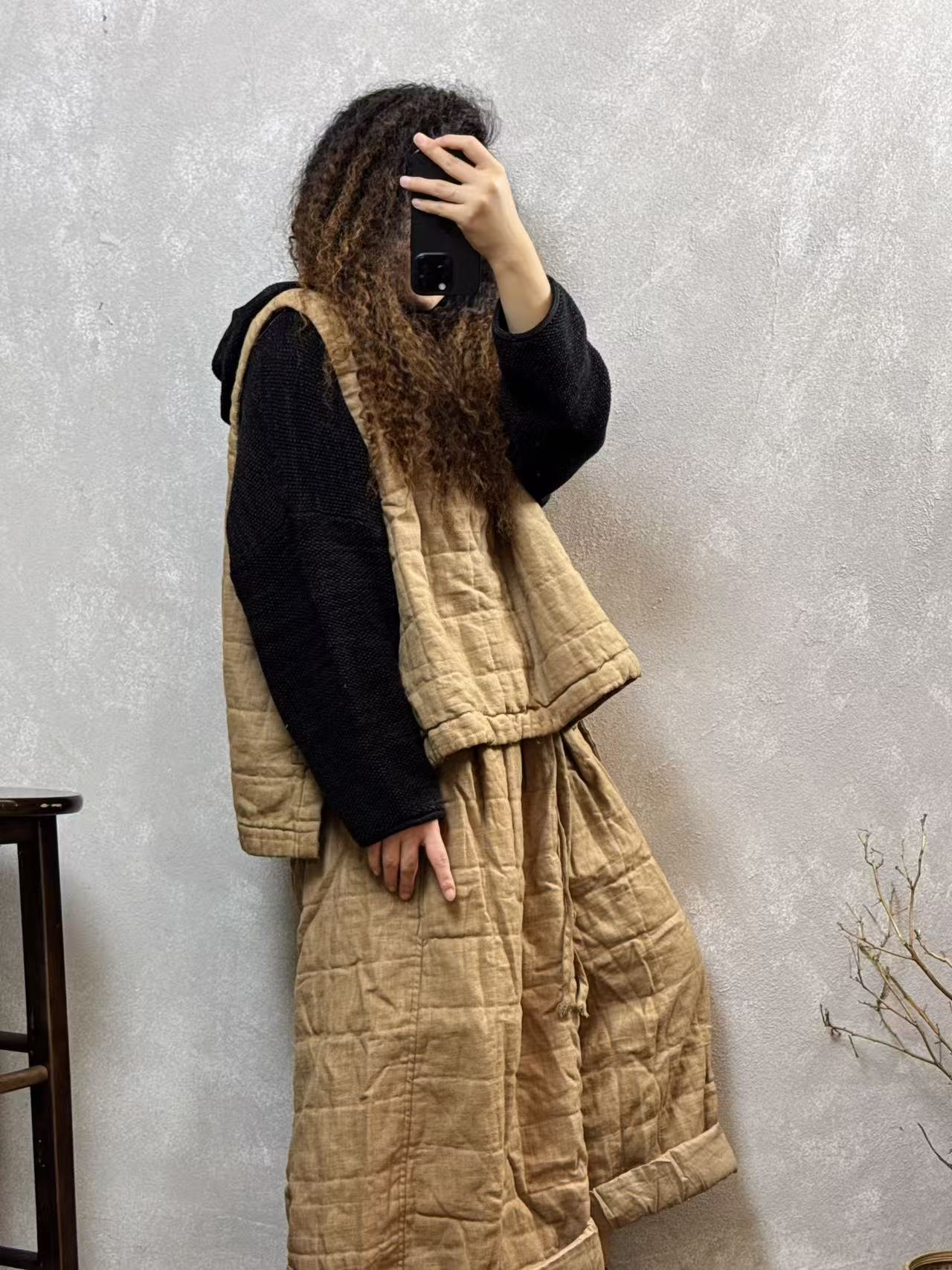 新款高定亚麻夹棉压方格马甲