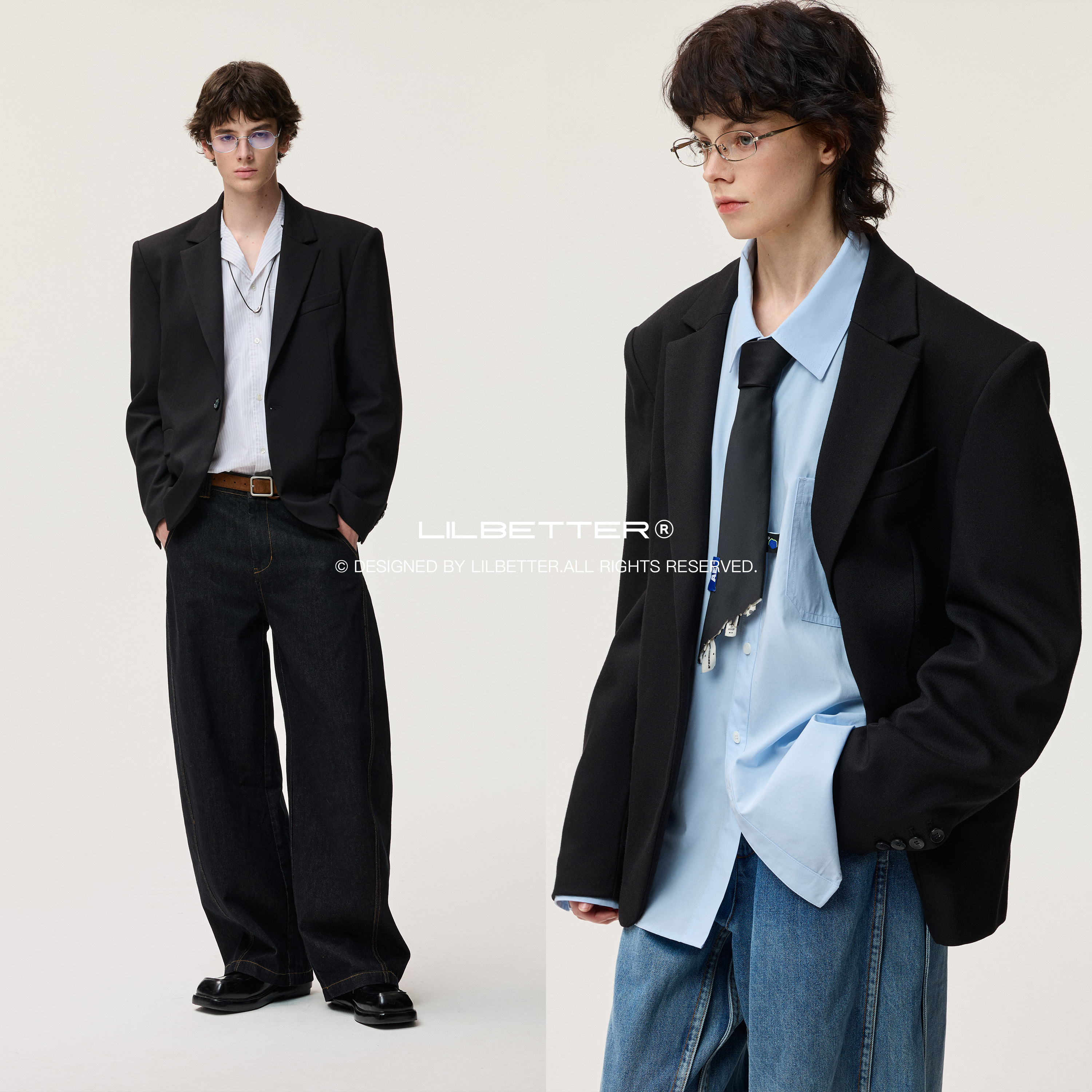 Lilbetter复古羊毛精纺解构分割垫肩廓形西服2025秋宽松通勤外套