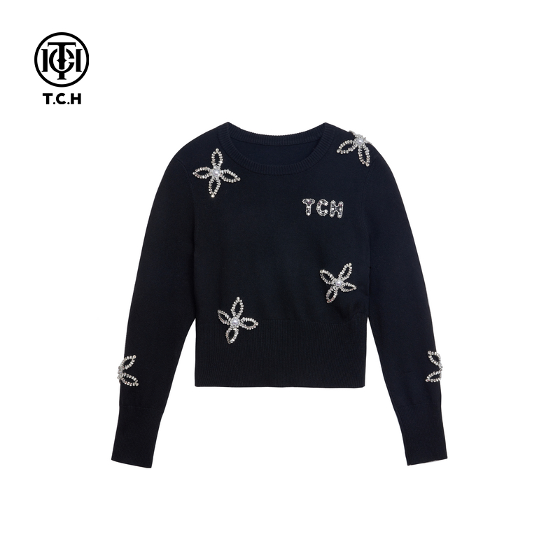 轻奢-TCH氛围感烫钻圆领黑色百搭显瘦套头毛衣女针织衫T72C098029