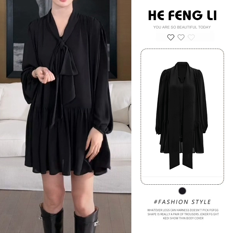 “卡托吉奥”轻盈立裁蝴蝶结长袖迷你连衣裙女2025秋季法式百搭裙子