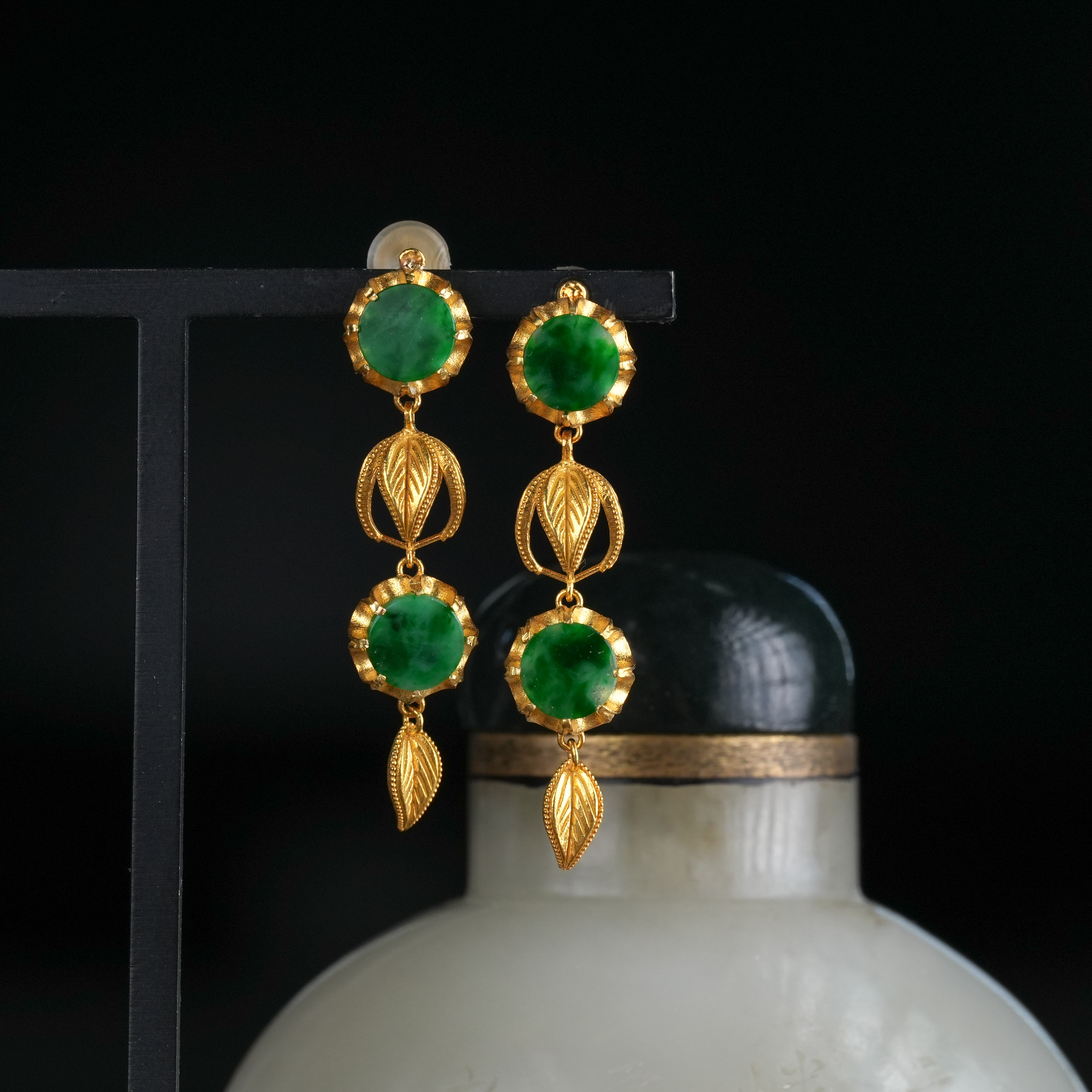 【观月】【青萼】18k金镶嵌天然A货翡翠耳钉 