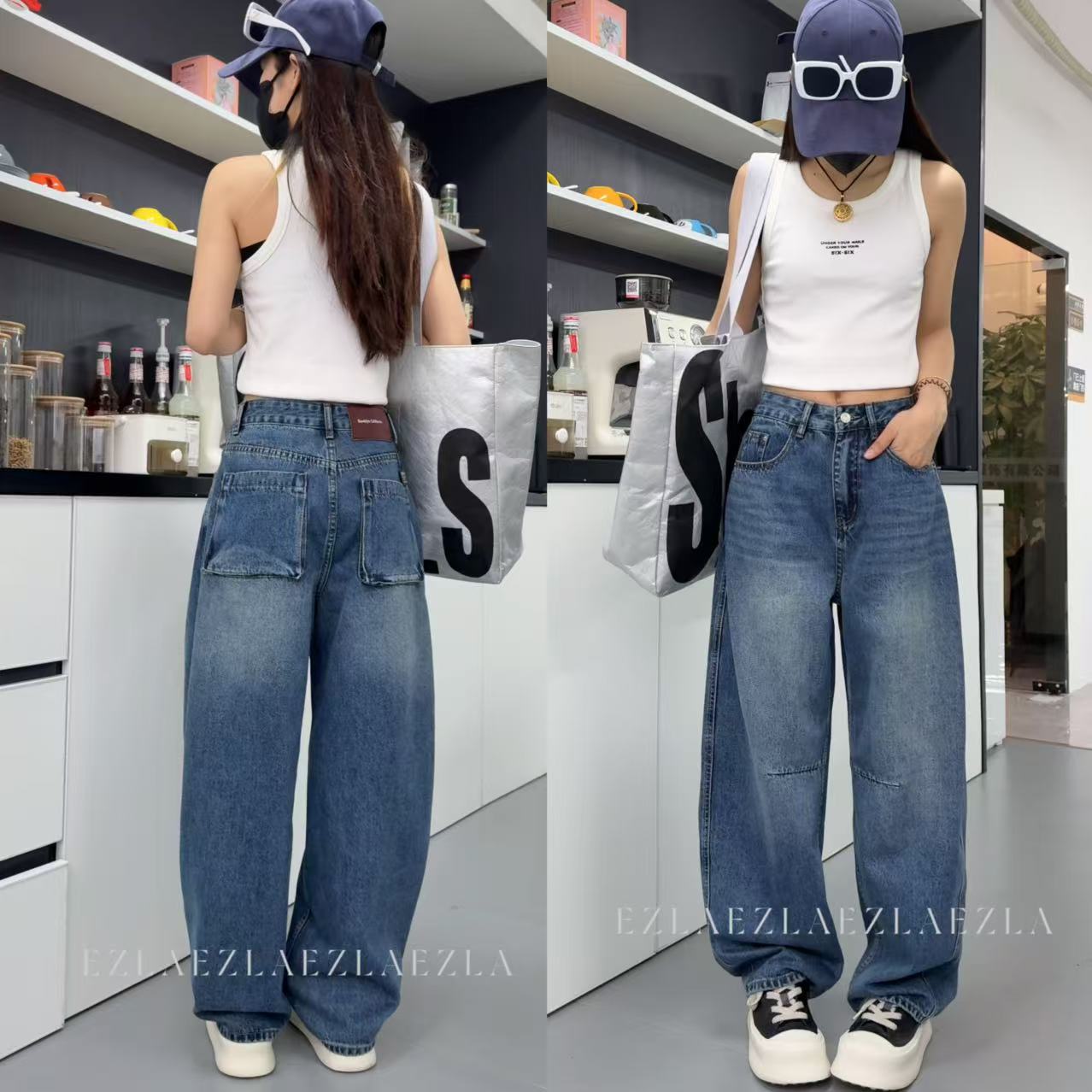 EZ9661-早春新款深蓝高腰时尚显瘦阔腿弯刀老爹裤