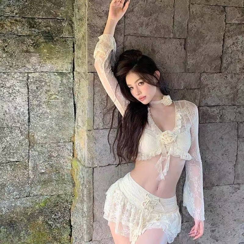 FMY/蕾丝显瘦四件套比基尼女钢圈聚拢气质辣妹性感夏季镂空纯欲风