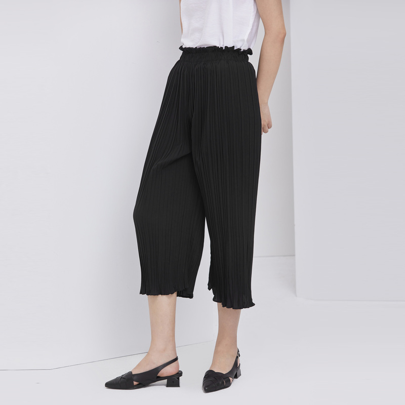 圣迪奥女装夏季时尚休闲百搭中腰宽松黑色褶皱通勤长裤S20280829