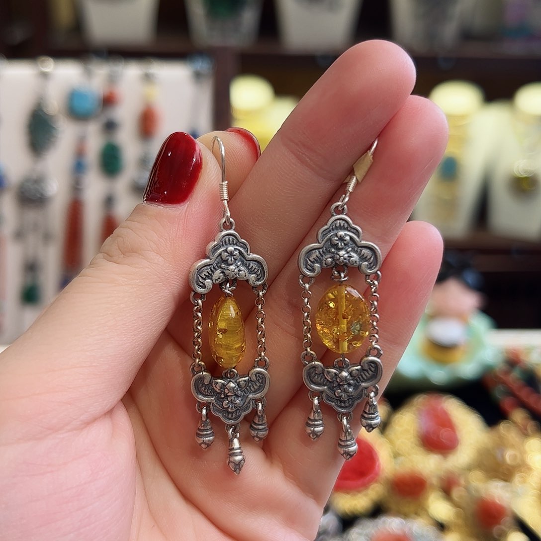 琥珀耳饰未镶嵌耳环