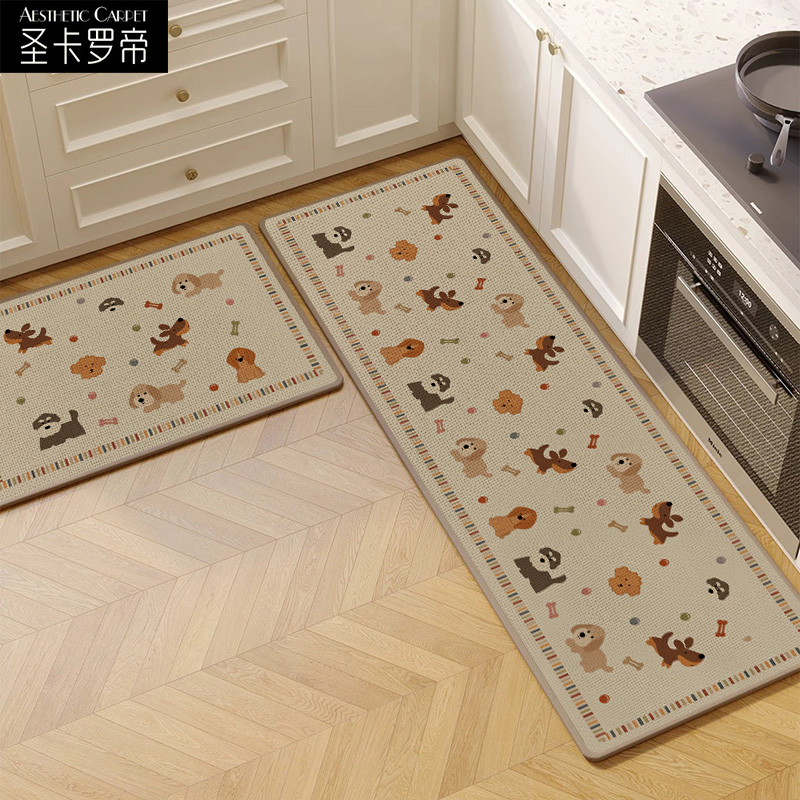 仿亚麻编织卡通小狗厨房地垫吸水吸油防滑耐磨家用长条脚垫进门垫