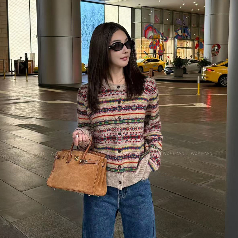 肉桂粉女单排扣北欧风打底毛衣针织衫开衫显瘦外套