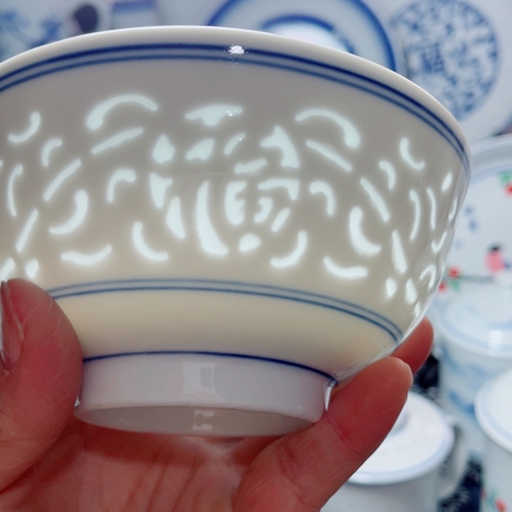青花玲珑5寸饭碗满雕双福双线