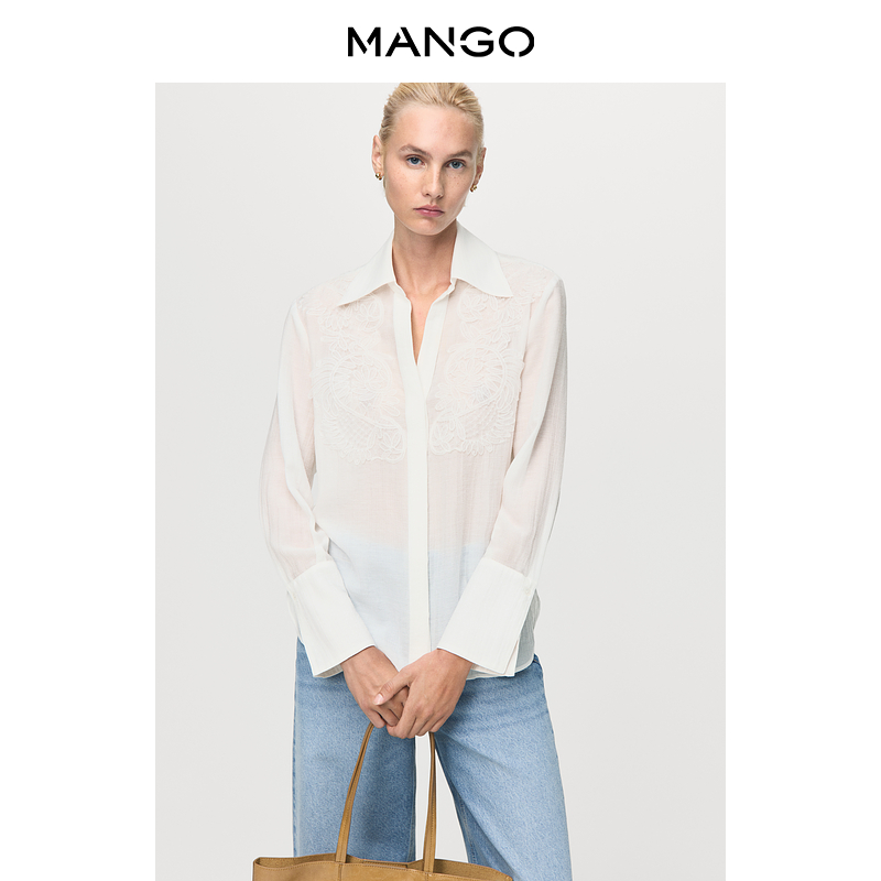 MANGO女装衬衫2025秋装新款简约百搭莱赛尔混纺立体刺绣透气衬衣