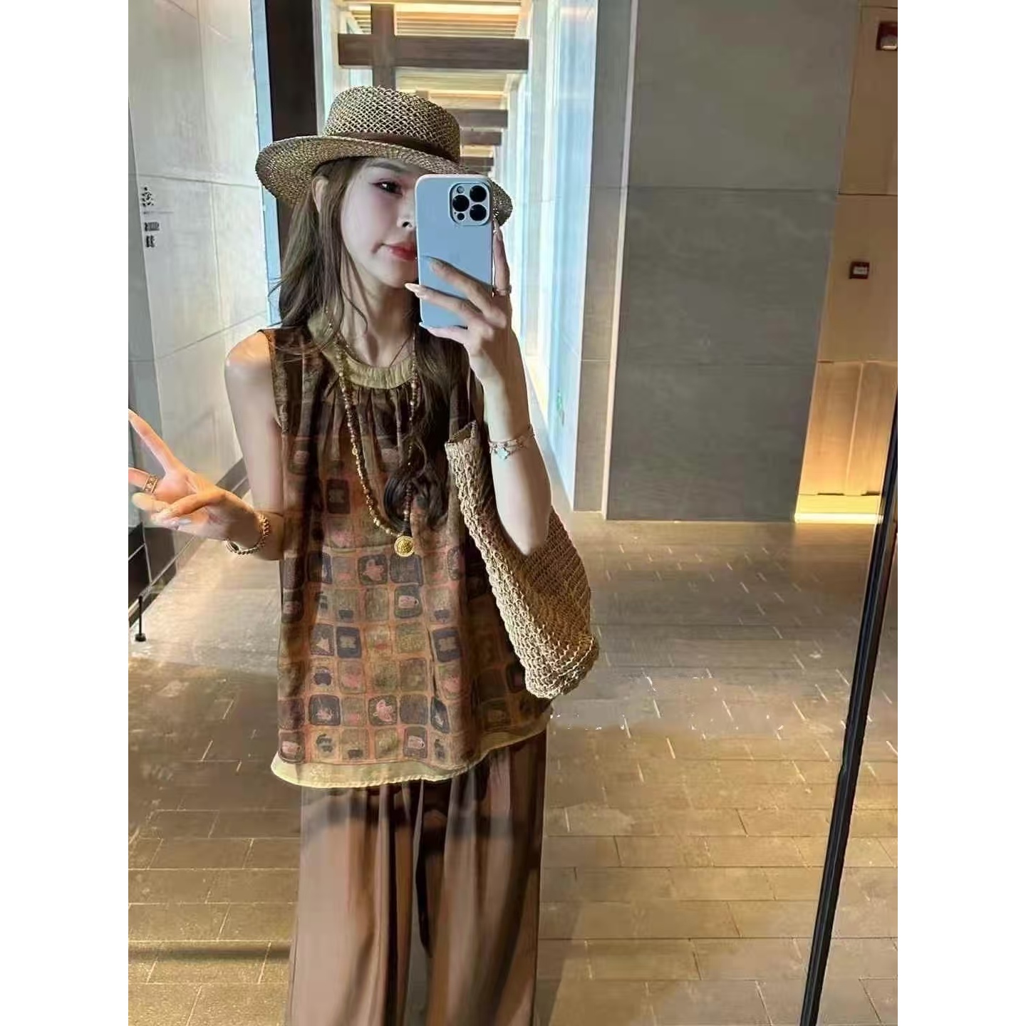 【晨浠定制】新款时尚新中式挂脖蝴蝶结背心长裤套装1779