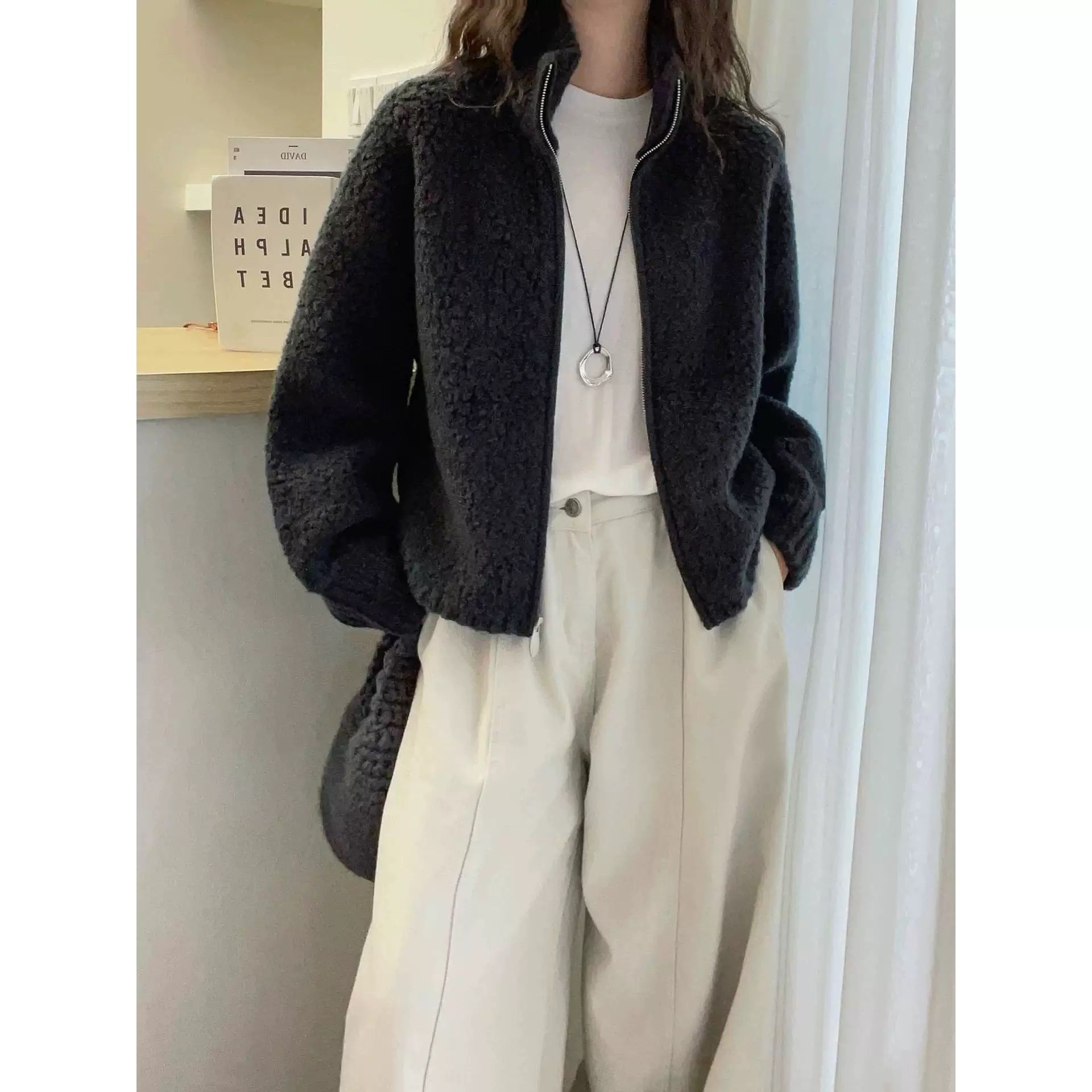 3598【立领颗粒感圈圈绒拉链开衫】秋季新款女士欧货毛衣宽松外穿