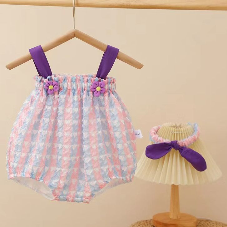 婴幼儿夏季超萌可爱花朵包屁衣女宝宝外出吊带洋气公主风三角哈衣