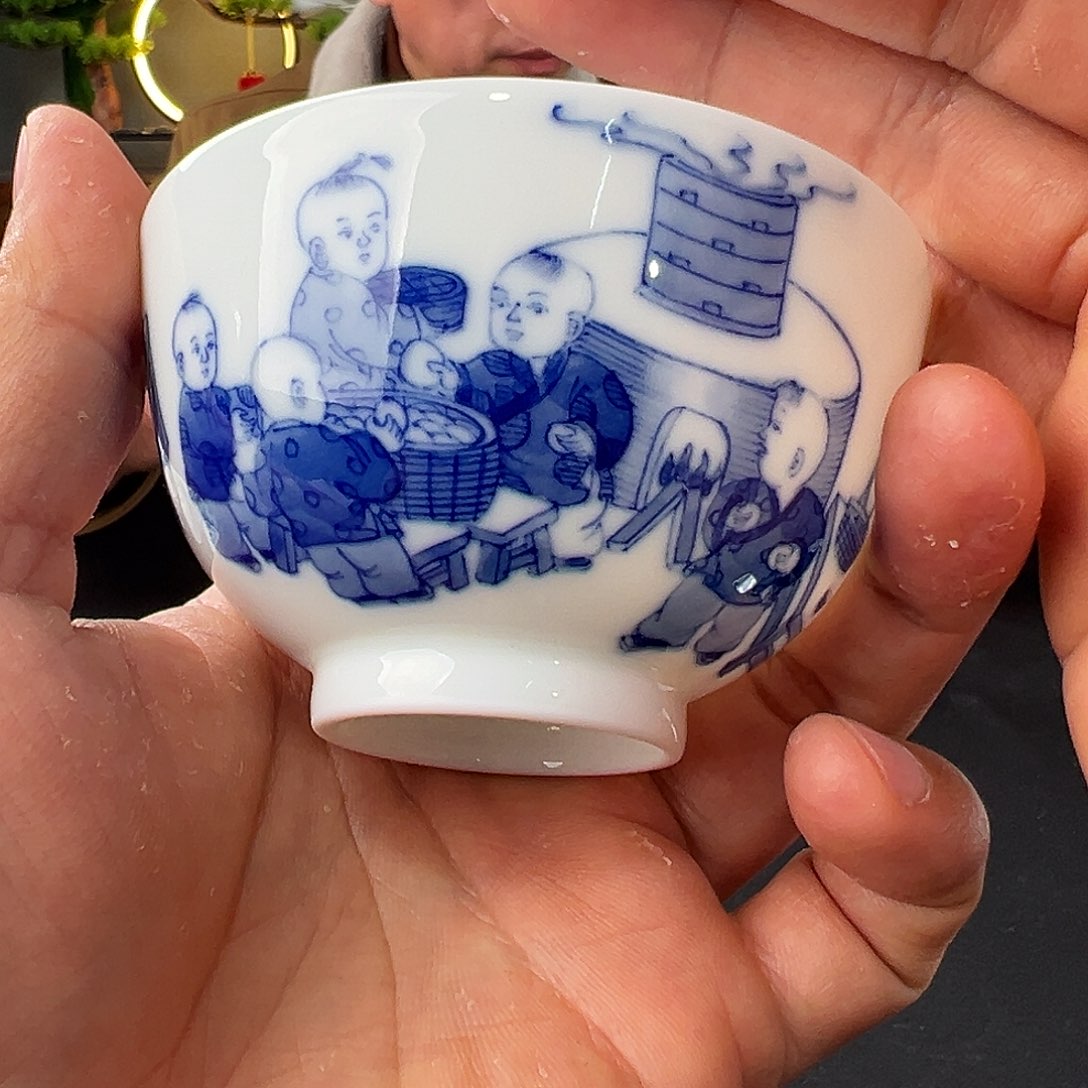 用****8柴窑青花童子主人杯