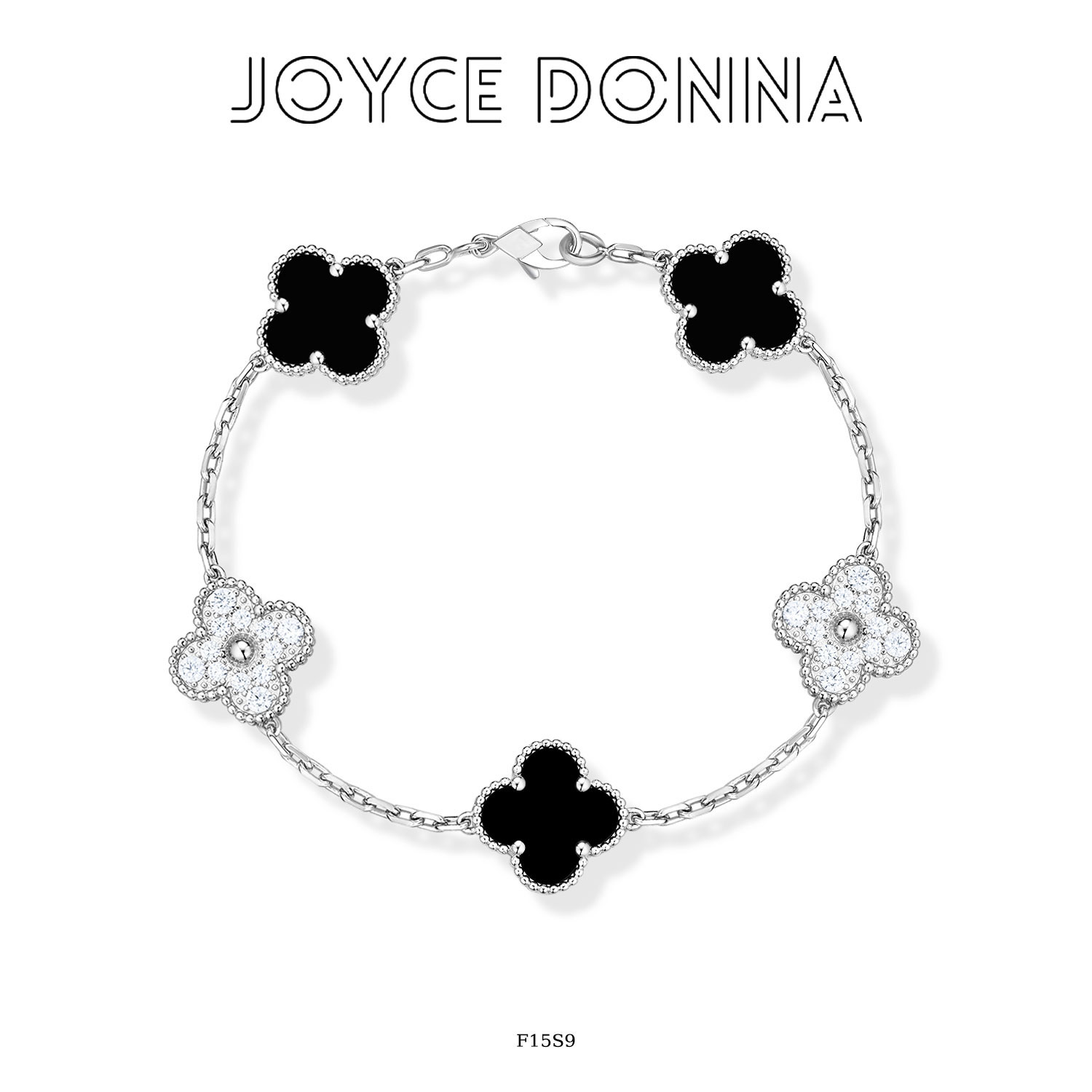 925银 镀K金 法式轻奢经典黑白熊猫四叶花朵手链 F15S9