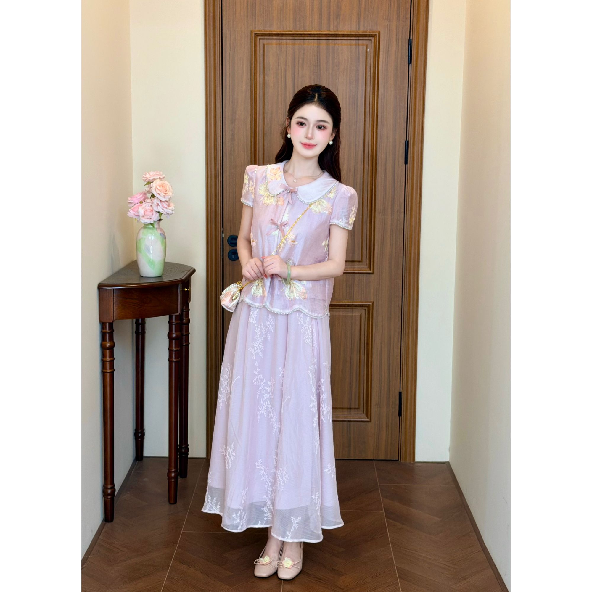 LiLi李李家【紫汐】新中式重工天丝刺绣上衣半裙套装XMLL624+625