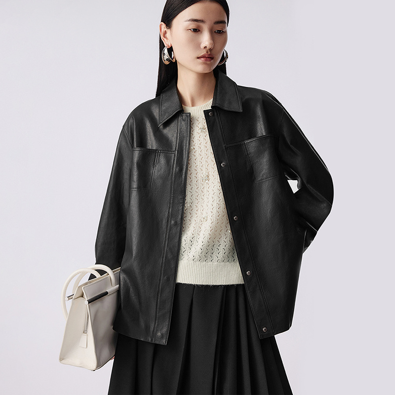 LANCY/朗姿2025秋季新款松弛高端通勤衬衫真皮皮衣女